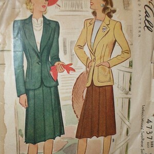 May include: A vintage McCall's sewing pattern for a two-piece suit. The pattern is for size 12, bust 30, and is printed on a white background with a brown and white illustration of two women wearing the suit. The text on the pattern reads "McCall's Printed Pattern 4737 Ladies' Misses Two-Piece Suit Size 12 Bust 30 65".
