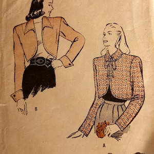 1940s Butterick 4070 2 Styles Bolero Jacket Pattern Size 12 bust 30