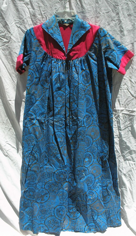 1960s Blue Gold Black Red Hawaiian Dress Muu Muu H