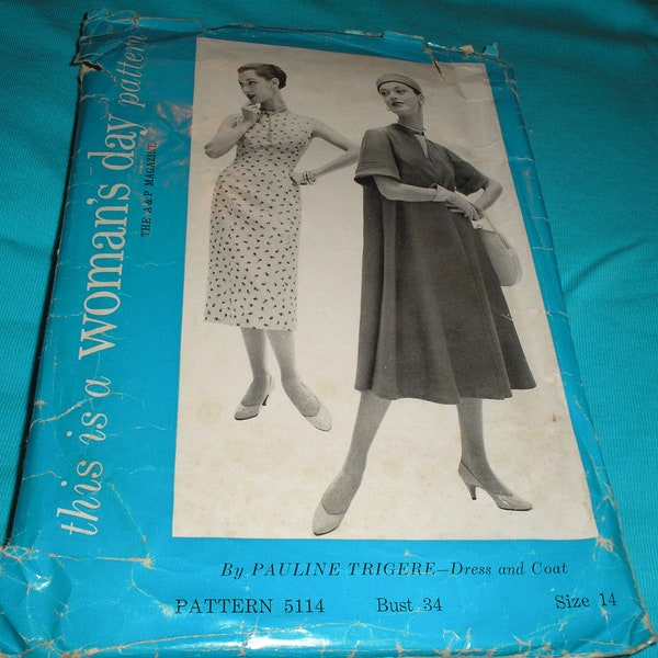 1950s Woman's Day #5114 Pauline Trigere Wiggle Dress and Coat sz 14 bust 34