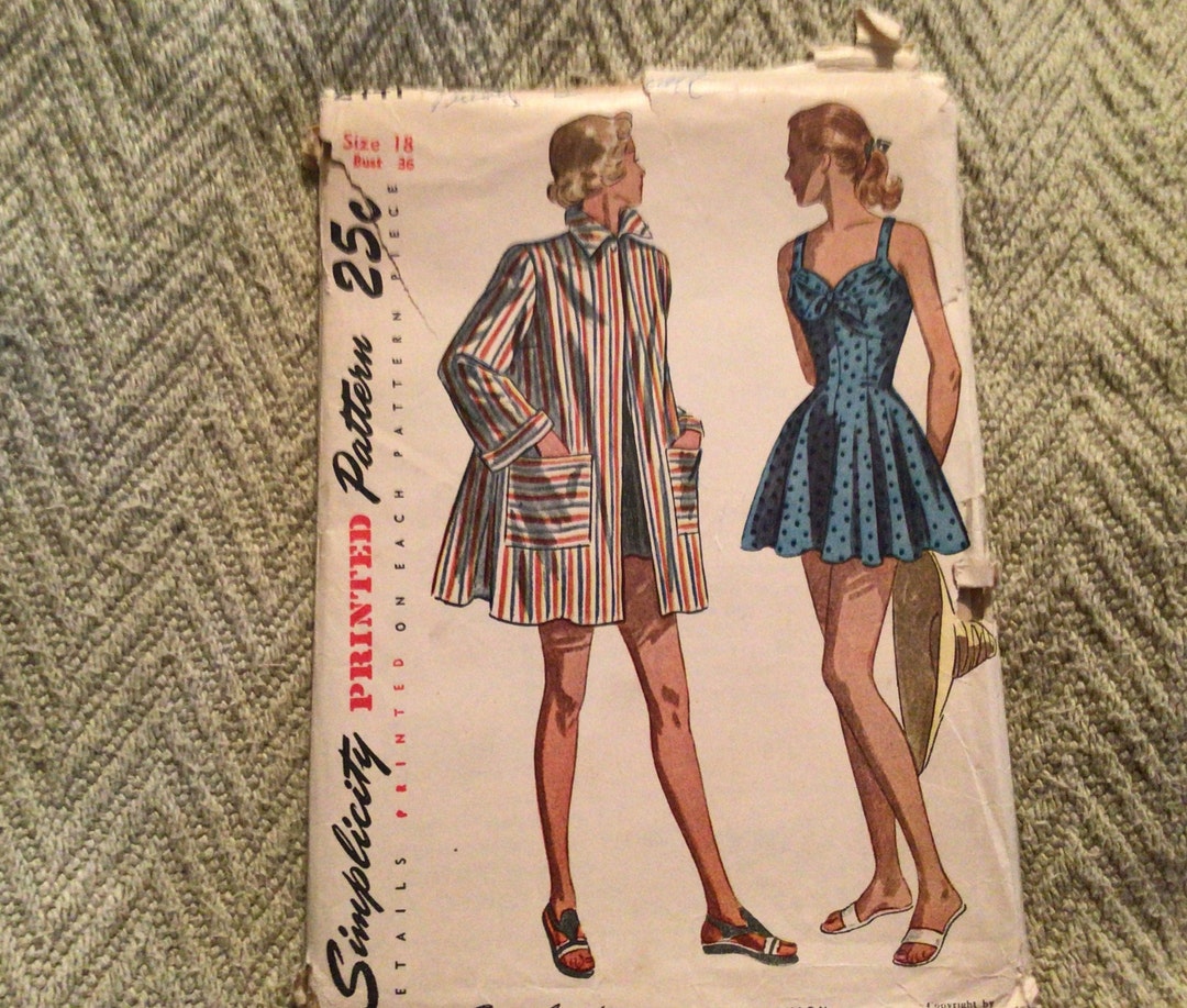 1948 Simplicity 2441 Skirted Bathing Suit & Coat Pattern Sz 18 Bust 36 ...
