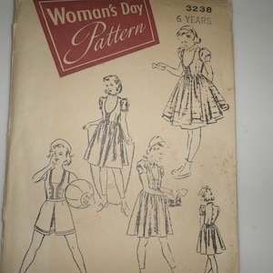 1950s Woman&#39;s Day 3238 Girls Ruffle Trim Dress Sun Suit Pinafore Jacket Hat Pattern  sz 6 FF