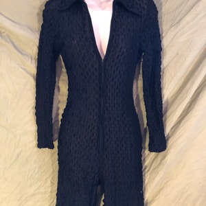 1970s Pat Richards Black Sheer Puckered Catsuit Jumpsuit