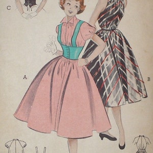 May include: A vintage sewing pattern illustration featuring three women wearing different styles of dresses. The dresses are all in a 1950s style, with full skirts and cinched waists. The illustration is in black and white, with some color accents.