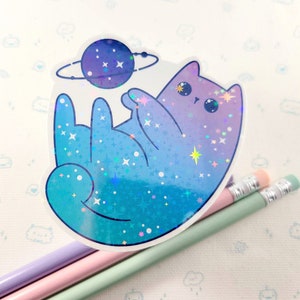 Space Cat Holographic Star Sticker, Vinyl Stickers, Laptop Decal, Cat Gift for Her, Small Gift Idea, Cat In Space Sticker