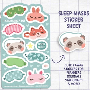 Sleep Masks Sticker Sheet, Sleepy Time Stickers, Cute Bedtime Stickers, Kawaii Stickers for Planner Journal, Cute Stationary