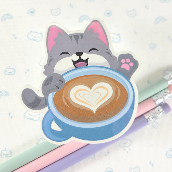 Cat Latte Sticker, Vinyl Sticker, Laptop Decal, Cat Gift, Gift for Her, Cute Sticker, Small Gift Idea, Cat Coffee Sticker, Kawaii Cat