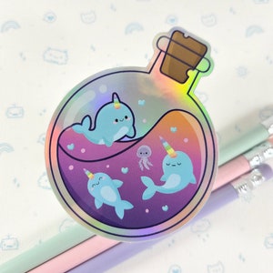 Narwhal Holographic Sticker, Vinyl Stickers, Laptop Decal, Rainbow Gift, Gift for Her, Cute Narwhal Sticker, Small Gift Idea