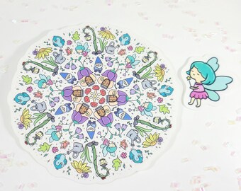 Fairy Garden Mandala Sticker Set MS015, Vinyl Stickers, Laptop Decal, Kawaii Mandala Stickers, Fairy Sticker, Water bottle Decal