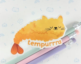 Cat Tempura Pun Sticker, Cute Food Sticker, Vinyl Stickers, Laptop Decal, Tempura Decal, Laptop Sticker, Cat Pun, Small Gift Idea