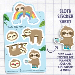 Sloth Sticker Sheet, Lazy and Amazy, Cute Sloth Stickers, Kawaii Sloth, Stickers for Planner Journal, Cute Stationary imagem 1