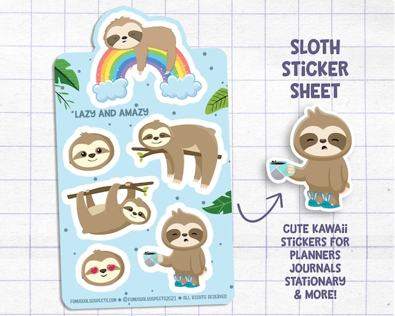 Sloth Sticker Sheet, Lazy and Amazy, Cute Sloth Stickers, Kawaii Sloth, Stickers for Planner Journal, Cute Stationary