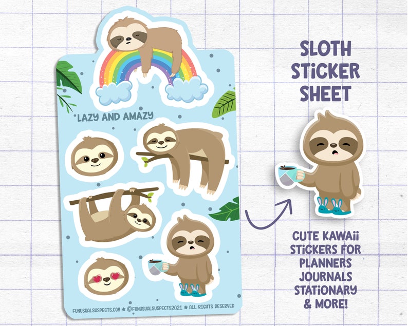 Sloth Sticker Sheet, Lazy and Amazy, Cute Sloth Stickers, Kawaii Sloth, Stickers for Planner Journal, Cute Stationary imagem 1
