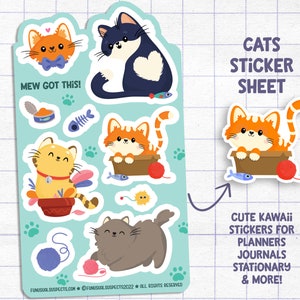 Cats Sticker Sheet, Mew Got This!, Cute Cat Stickers, Kawaii Cats, Stickers for Planner Journal, Cute Kitty Stationary