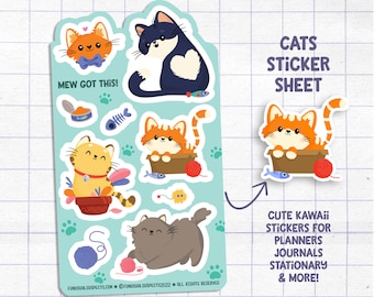 Cats Sticker Sheet, Mew Got This!, Cute Cat Stickers, Kawaii Cats, Stickers for Planner Journal, Cute Kitty Stationary