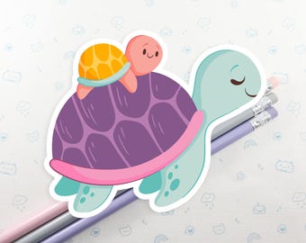Turtle and Baby Vinyl Sticker: Cute Mothers Day Laptop Decal, Water Resistant Vinyl