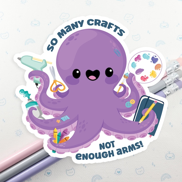 Crafty Octopus Vinyl Sticker, Cute Octopus Decal, Laptop Sticker, Octopus Pun Gift, Small Gift Idea, Gift for Her