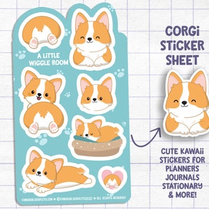 Corgi Sticker Sheet, Wiggle Room, Cute Corgi Stickers, Kawaii Corgi Dog Stickers for Planner Journal, Cute Stationary