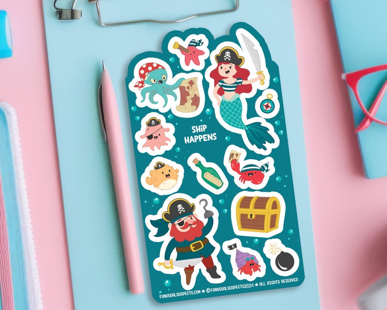 Pirate and Mermaid Sticker Sheet, Pirates Stickers, Cute Ocean Stickers ...