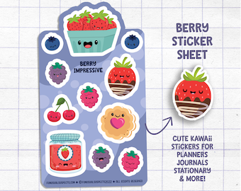 Berries and Jam Sticker Sheet, Berry Impressive, Cute Berry Stickers, Kawaii Food, Stickers for Planner Journal, Cute Stationary