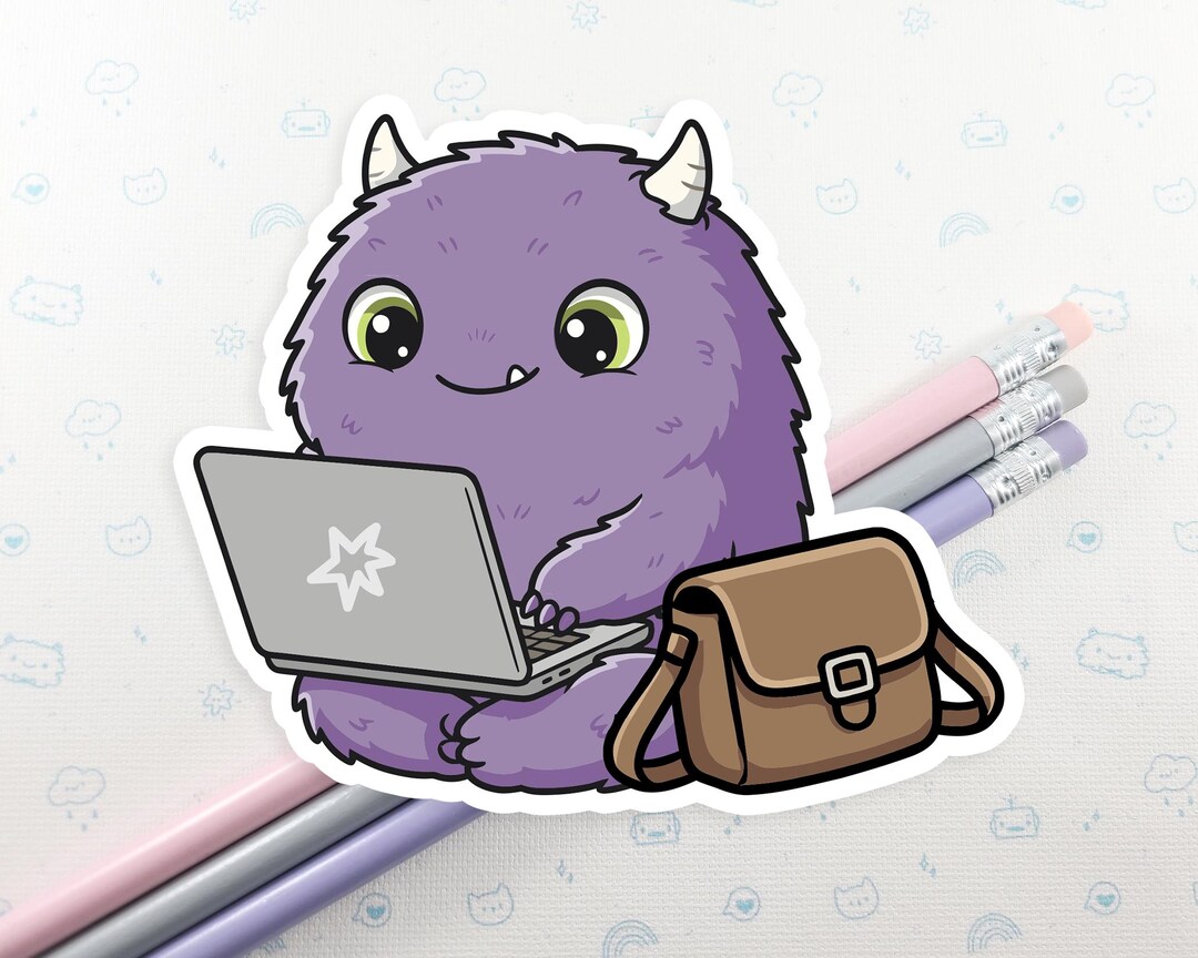 Monster Computer Sticker Purple Monster With Laptop Vinyl Sticker, Cute Computer Decal ...