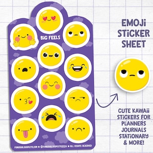 Feuille d'autocollants emoji, sensations fortes, autocollants émotions mignons, visages kawaii, autocollants pour agenda, papeterie mignonne