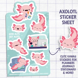 K&ouml;nnte beinhalten: Eine Bogen mit Aufklebern mit niedlichen Axolotl-Illustrationen in verschiedenen Posen. Die Axolotl sind rosa mit gefiederten Kiemen und werden beim Eisessen, Arbeiten am Computer und Schlafen gezeigt. Der Text "GIVE ALITL GET ALOTL" ist auf dem Bogen enthalten. Der Text "AXOLOTL STICKER SHEET" befindet sich oben auf dem Bogen. Der Text "CUTE KAWAii STICKERS FOR PLANNERS JOURNALS STATIONARY & MORE!" befindet sich unten auf dem Bogen.