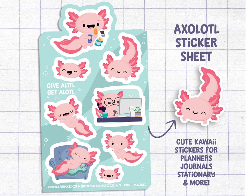 K&ouml;nnte beinhalten: Eine Bogen mit Aufklebern mit niedlichen Axolotl-Illustrationen in verschiedenen Posen. Die Axolotl sind rosa mit gefiederten Kiemen und werden beim Eisessen, Arbeiten am Computer und Schlafen gezeigt. Der Text "GIVE ALITL GET ALOTL" ist auf dem Bogen enthalten. Der Text "AXOLOTL STICKER SHEET" befindet sich oben auf dem Bogen. Der Text "CUTE KAWAii STICKERS FOR PLANNERS JOURNALS STATIONARY & MORE!" befindet sich unten auf dem Bogen.
