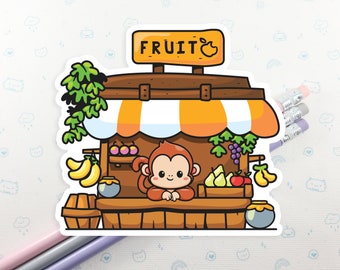Monkey Fruit Stand Sticker, Vinyl Stickers, Laptop Decal, Monkey Gift, Gift for Him, Cute Sticker, Small Gift Idea, Monkey Laptop Decal