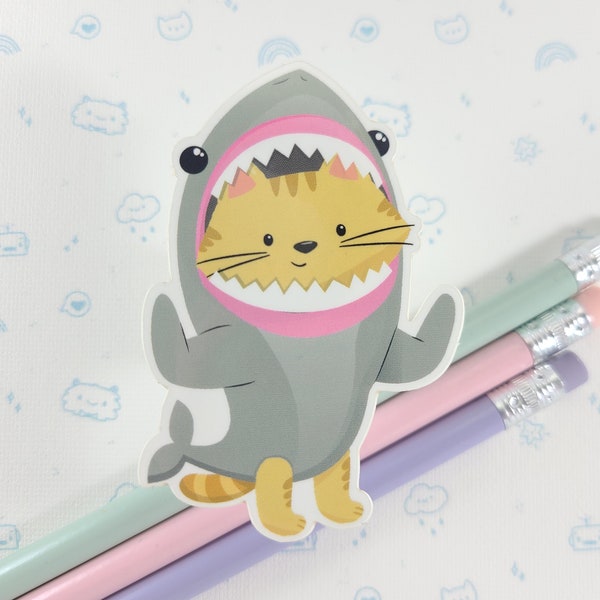 Cat Shark Sticker, Vinyl Stickers, Laptop Decal, Cat Gift for Her, Cute Sticker, Small Gift Idea, Shark Costume Sticker, Kawaii Cat