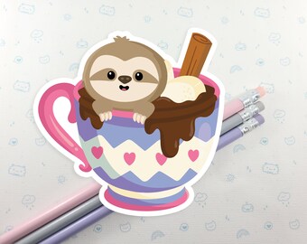 Sloth in Hot Chocolate Sticker, Vinyl Sticker, Laptop Decal, Stocking Stuffer, Cute Sloth Sticker, Festive Stickers, Cozy Sloth