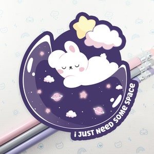 Need Space Bunny Vinyl Holographic Star Sticker, Sleepy Bunny Sticker, Cute Bunny Sticker, Laptop Decal, Galaxy Bunny sticker