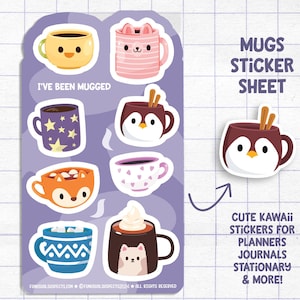 May include: A sheet of eight cute mug stickers featuring different animal designs. The stickers are on a purple background and include the text "MUGS STICKER SHEET" and "I'VE BEEN MUGGED".