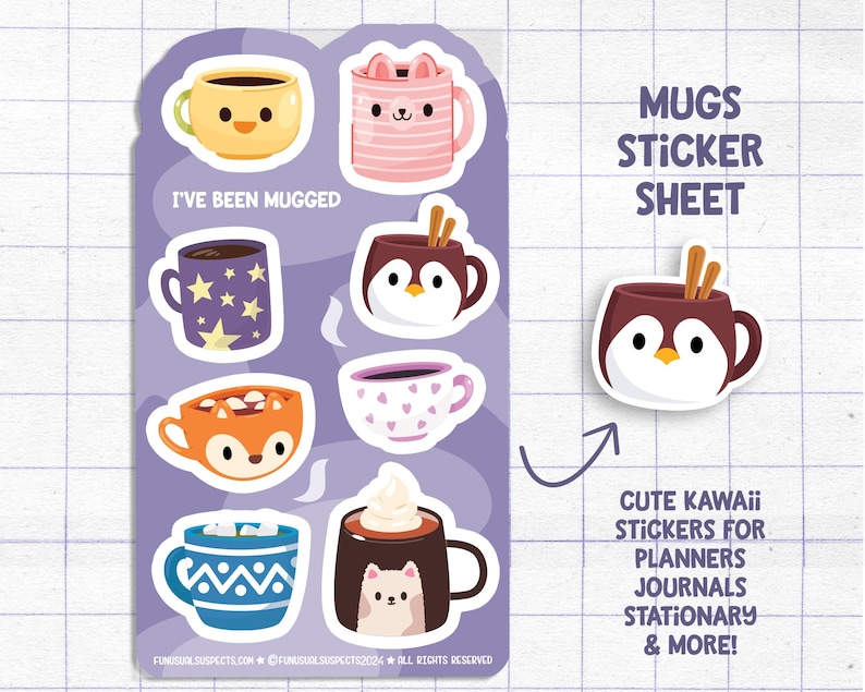 May include: A sheet of eight cute mug stickers featuring different animal designs. The stickers are on a purple background and include the text "MUGS STICKER SHEET" and "I'VE BEEN MUGGED".