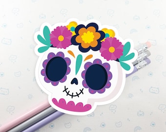 Sugar Skull Vinyl Sticker, Laptop Sugar Skull Decal, Dia de los Muertos Gift, Gift for Her, Day of the Dead Sticker, Sugar Skull