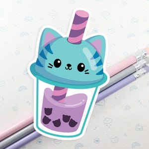 Cat Boba Tea Vinyl Sticker: Kawaii Bubble Tea Laptop Decal