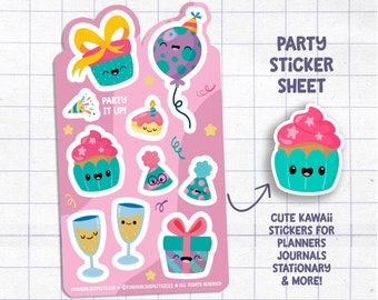 Party Sticker Sheet, Party Time, Birthday Party Stickers, Stickers for Planner Journal, Cute Stationary, Planner Sticker Sheet