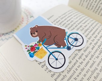 Bear on A Bike Bookmark, Cute Bear Planner Clip, Springtime Bookmark, Brown Bear Reading Gift, Bookmark for Reader or Book Lover