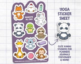 Yoga Animals Sticker Sheet, Namaste Yoga Planner Journal Stationery