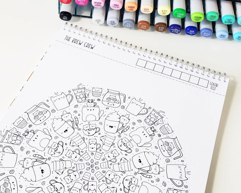 May include: A black and white coloring page with a circular design featuring a variety of coffee and tea themed illustrations, including mugs, cups, teapots, and cats. The title "The Brew Crew" is at the top of the page.