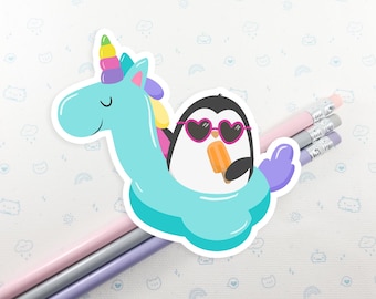 Penguin Pool Sticker, Penguin Vinyl Sticker, Laptop Decal, Gift for Her, Cute Penguin, Pool Party Sticker, Penguin Party, Kawaii