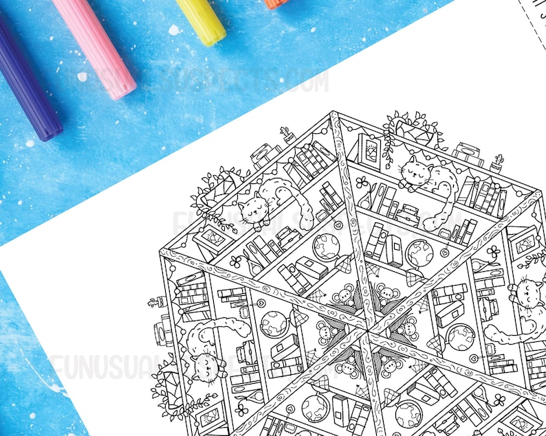 Puede incluir: Ilustraci&oacute;n en blanco y negro de l&iacute;nea de arte de un mandala hexagonal con un tema de estanter&iacute;a. El mandala presenta gatos, libros, globos terr&aacute;queos y otros elementos decorativos.