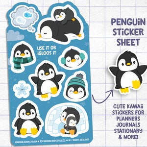 Penguins Sticker Sheet, Use It or Igloos It, Cute Penguin Stickers, Kawaii Penguin, Stickers for Planner Journal, Cute Stationary