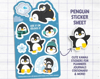 Penguins Sticker Sheet, Use It or Igloos It, Cute Penguin Stickers, Kawaii Penguin, Stickers for Planner Journal, Cute Stationary