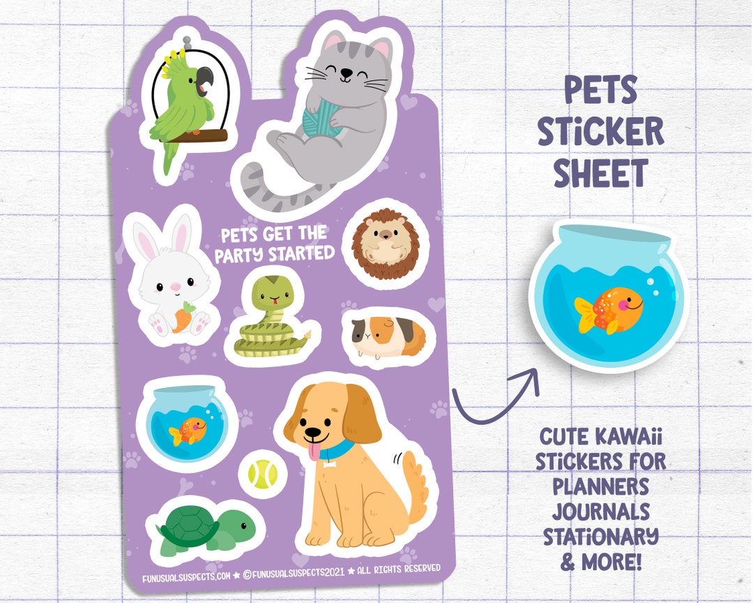 Pets Sticker Sheet, Pets Get The Party Started, Cat Dog Stickers ...