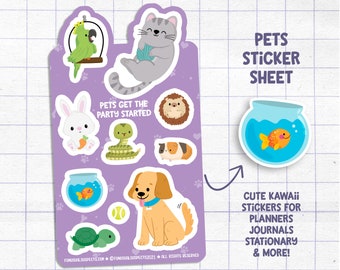 Hoja de calcomanías de mascotas, Las mascotas dan comienzo a la fiesta, calcomanías de perros y gatos, calcomanías para diario de planificador, papelería linda, hoja de calcomanías de planificador