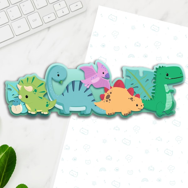 Dinosaurs Long Vinyl Sticker, Cute Prehistoric Dinos Sticker, Kawaii Decal, Laptop Stickers, Kawaii Dino Decal, Long wrap around sticker