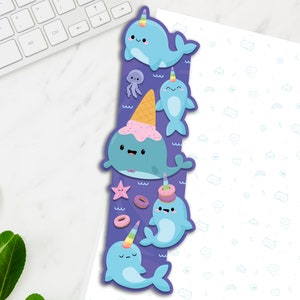 Narwhals Long Vinyl Sticker, Cute Narwhal Sticker, Kawaii Decal, Laptop Stickers, Kawaii Unicorns of the Sea Decal, Long wrap around sticker