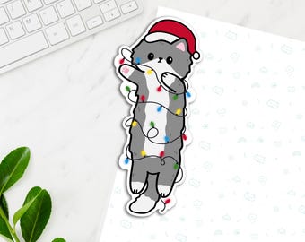 Long Cat Christmas Vinyl Sticker, Cute Cat Sticker, Kawaii Decal, Laptop Stickers, Kawaii Christmas Decal, Long wrap around sticker