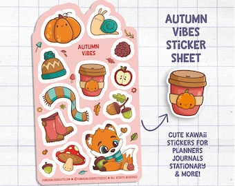 Autumn Vibes Sticker Sheet, Fall Stickers, Cute Cozy Stickers, Kawaii Autumn Stickers for Planner Journal, Cute Stationary